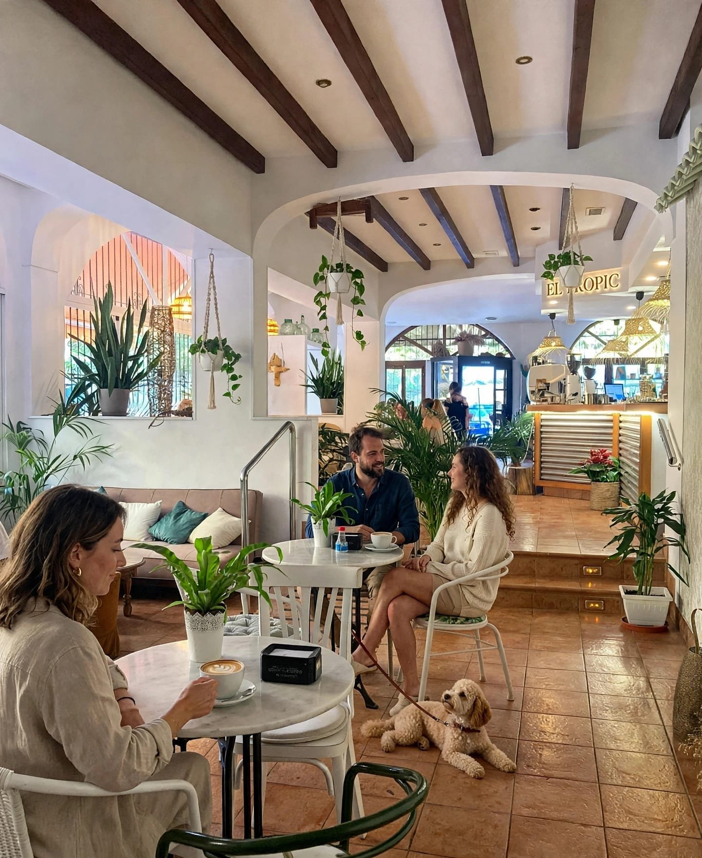 Imagen de referencia, creada con IA, del ambiente de El Tropic: sala con plantas y un perro junto a sus dueños